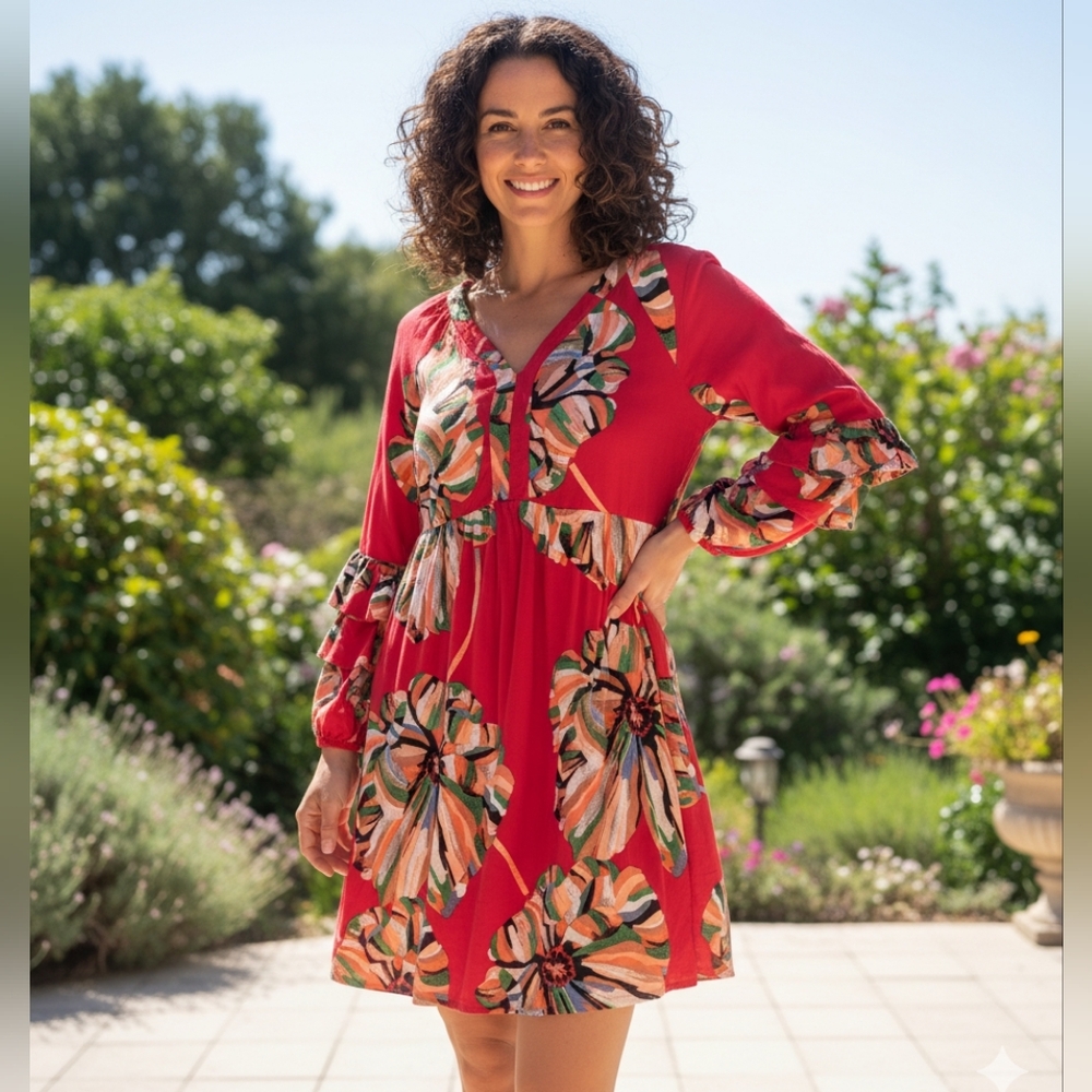 Figueroa and Flower Floral Long Sleeve Dress in Red Size Large